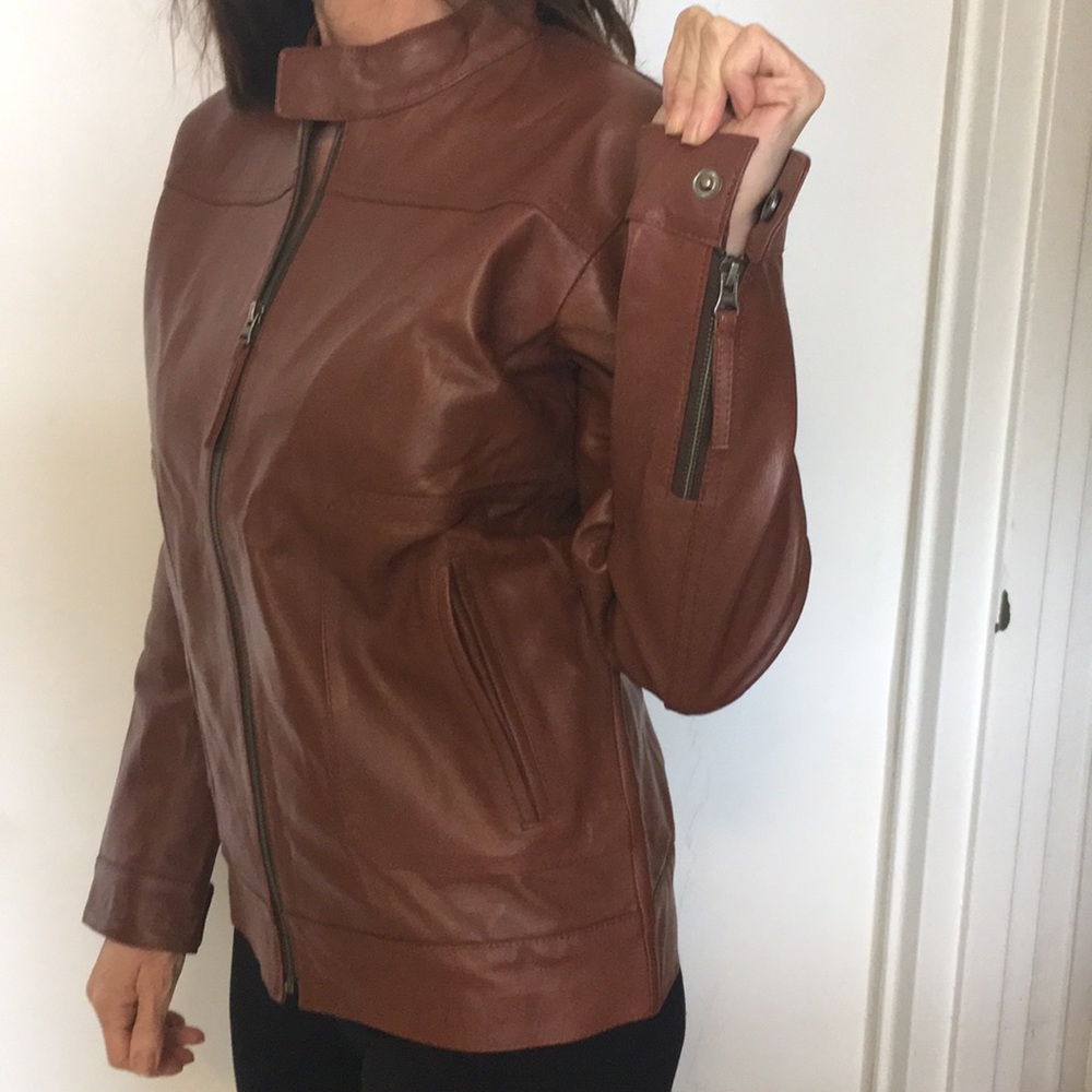Dark Camel Lambskin Leather Moto Jacket